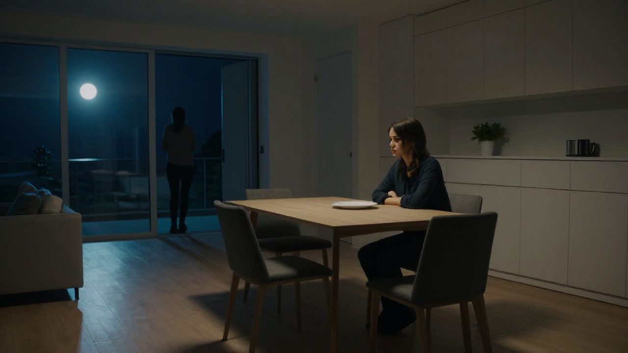 Mujer solitaria sentada frente a un plato en un amplio apartamento vacío bajo la luz lunar.