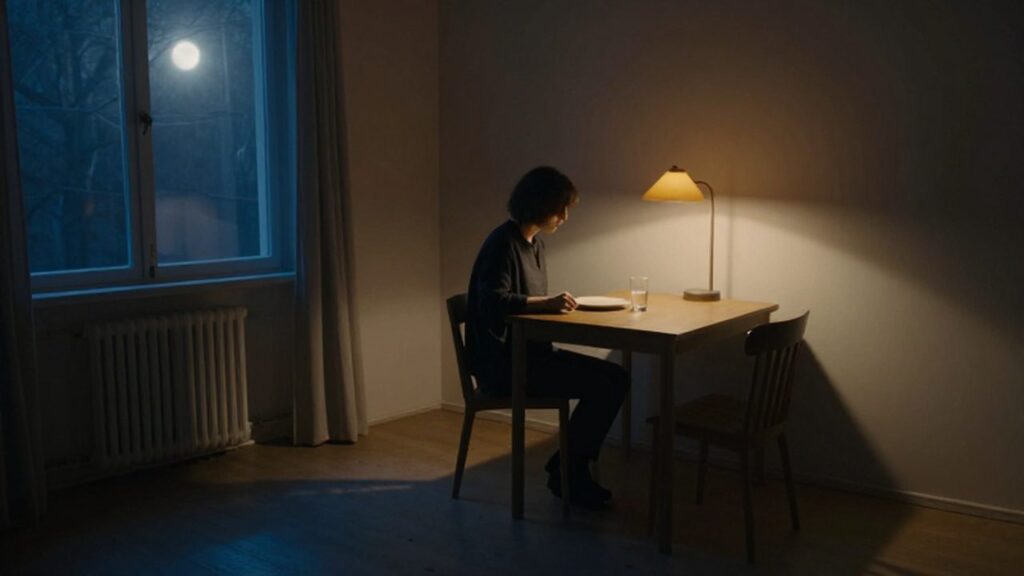 Persona solitaria sentada ante una mesa con un plato en un apartamento en penumbra.