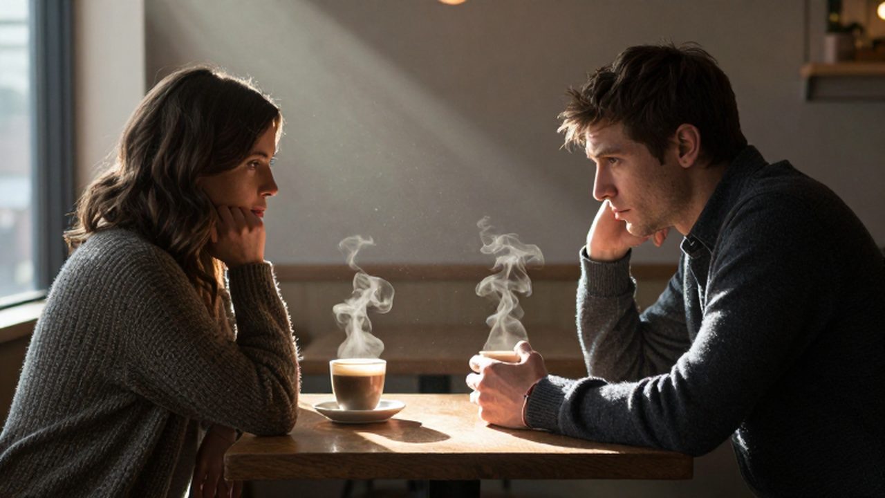 Un hombre y una mujer sentados en una mesa de café con expresión de melancolía y distanciamiento.