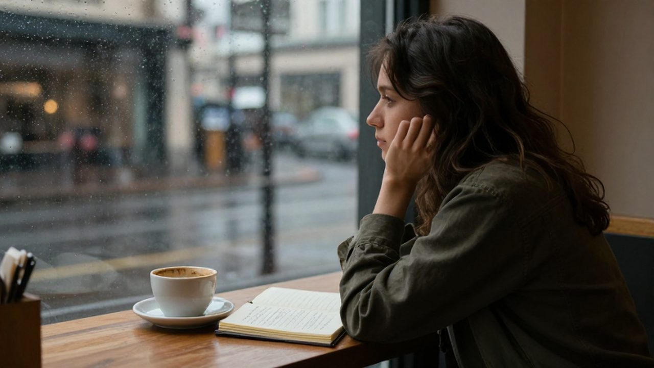 Mujer pensativa sentada ante un café y un diario junto a una ventana lluviosa.