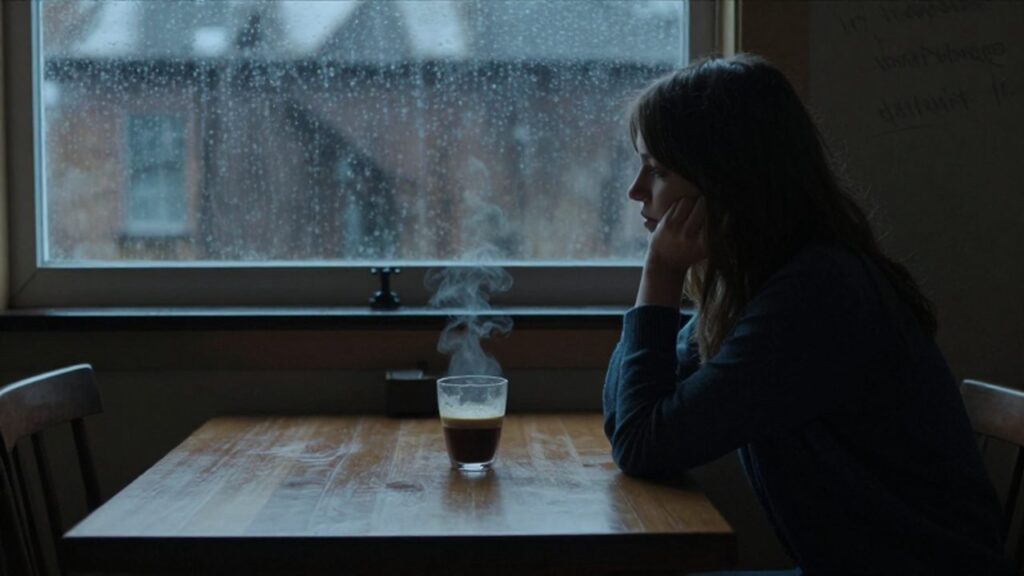 Mujer melancólica sentada frente a una ventana bajo la lluvia con una taza de café.