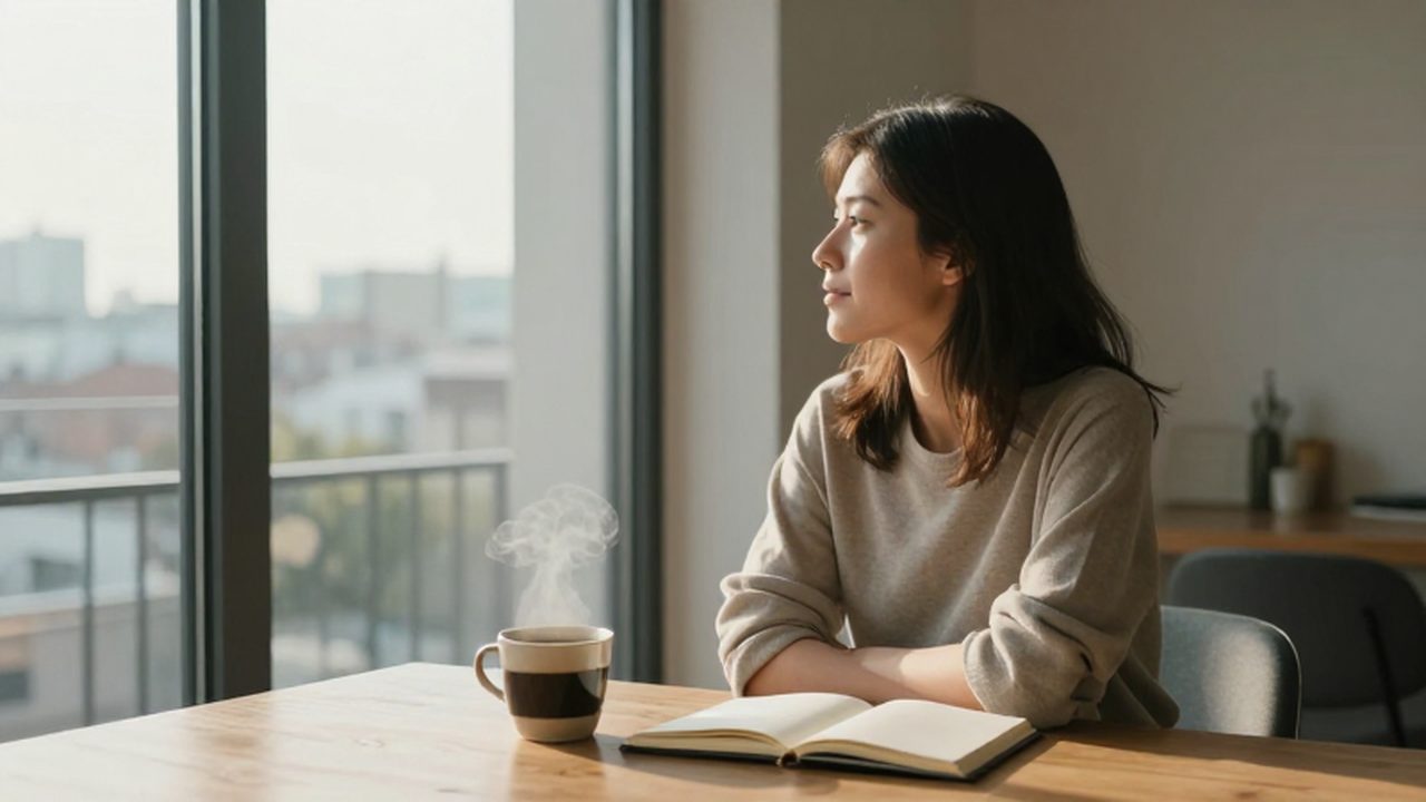 Mujer sentada junto a una ventana luminosa con un café y un diario sobre la mesa.