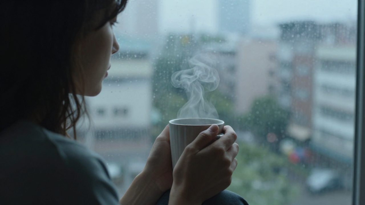 Mujer contemplando la lluvia tras un ventanal mientras sostiene una taza de café caliente.