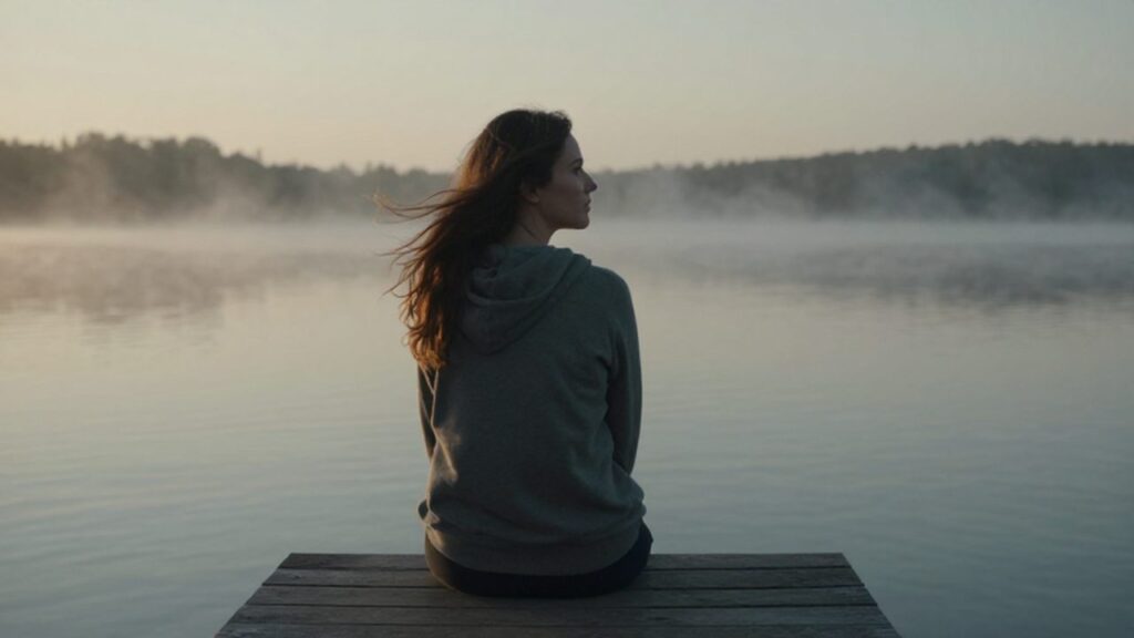 Mujer sentada de perfil en un muelle de madera contemplando un lago con niebla al amanecer.