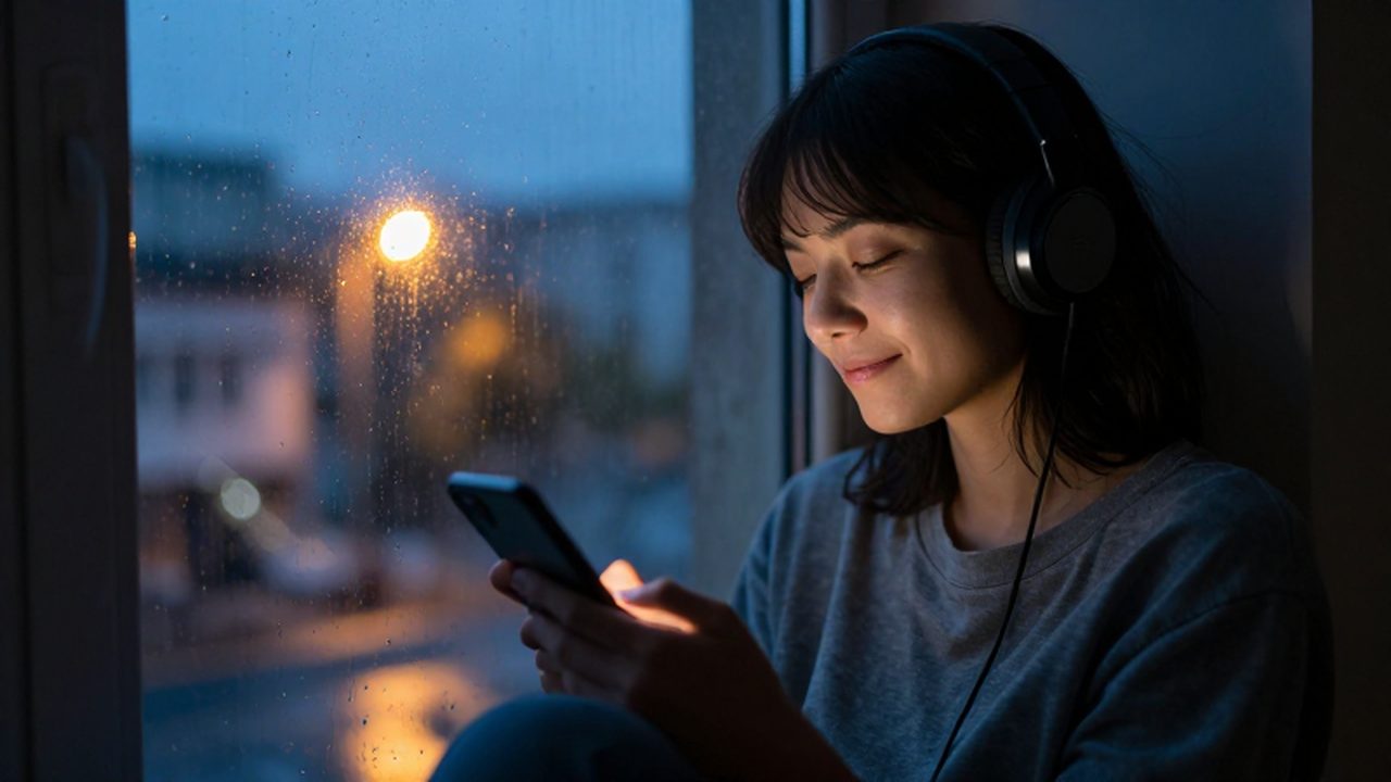 Persona con auriculares sentada junto a una ventana lluviosa con la luz del atardecer.