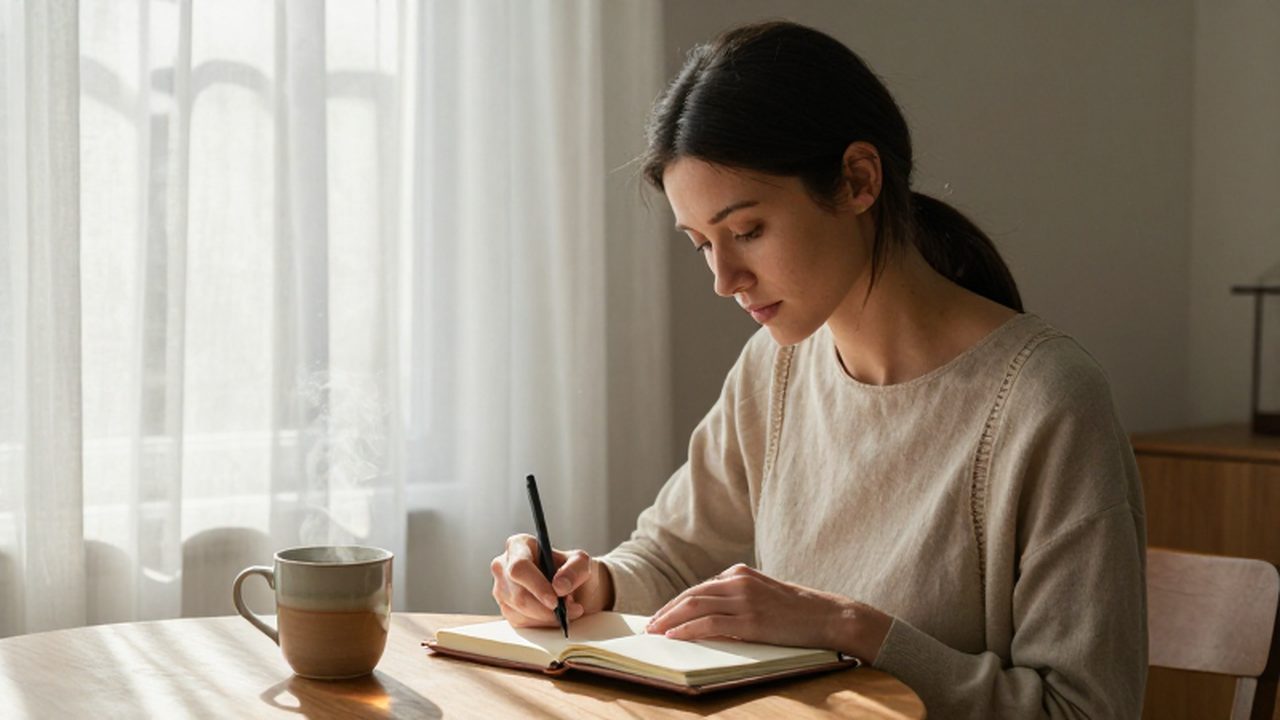 Mujer sentada junto a una ventana iluminada escribiendo en un cuaderno con una taza de té.