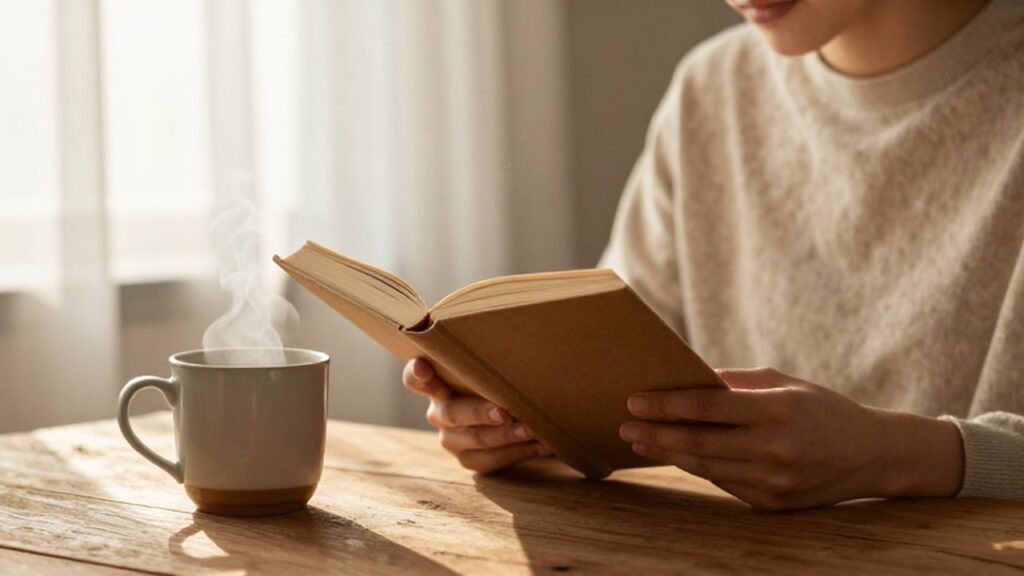 Persona sentada junto a una ventana leyendo un libro con una taza de té humeante.