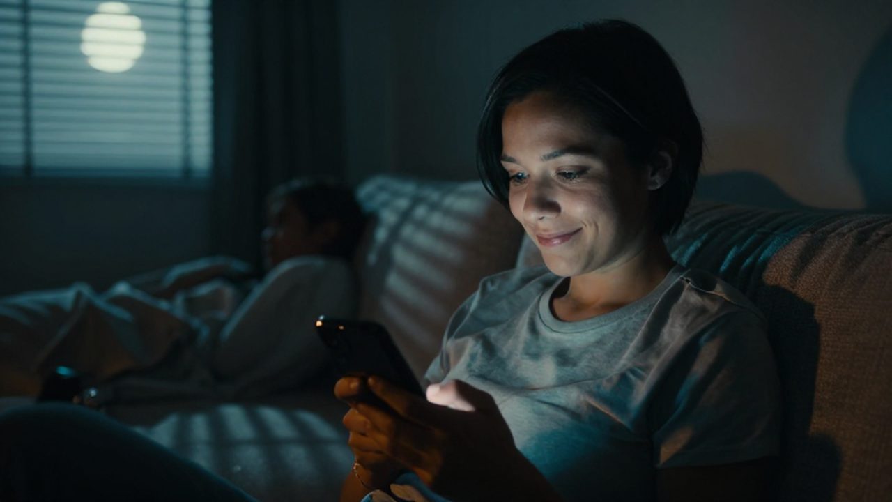 Persona sonriente mirando de forma secreta su móvil iluminado mientras su pareja duerme al fondo.