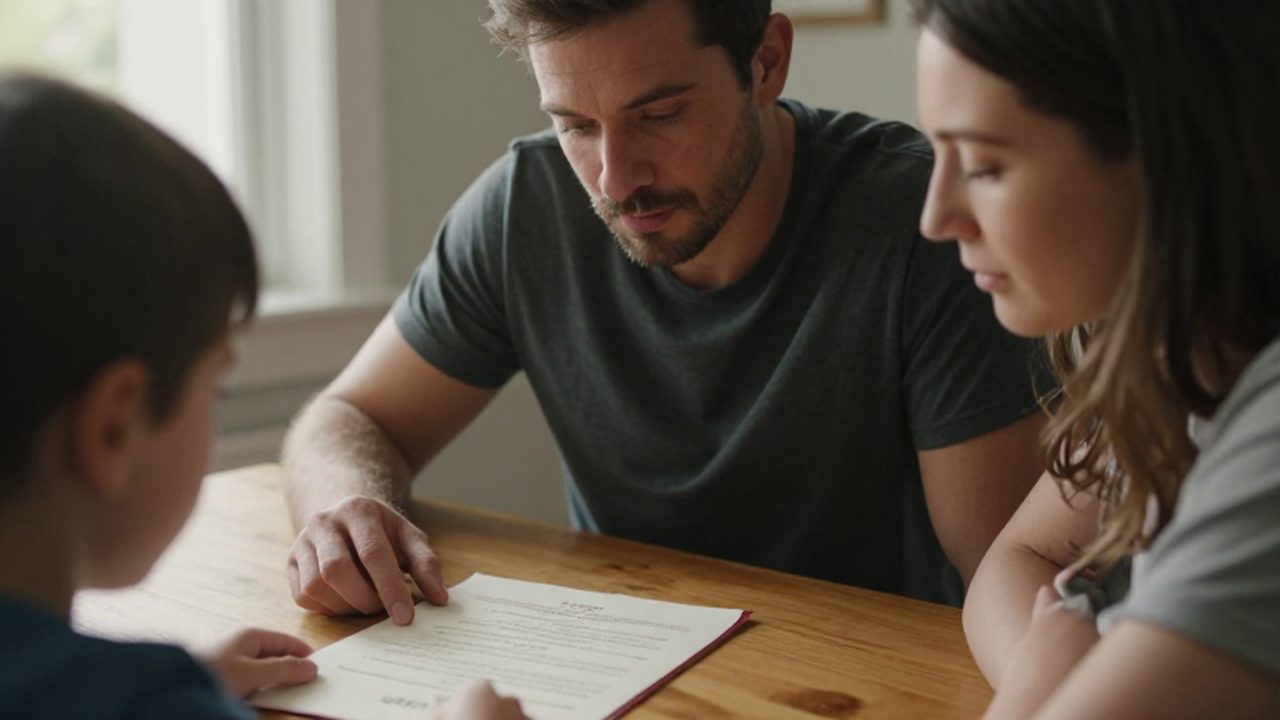 Padres mirando con ternura un certificado de adopción junto a la mano de un niño.