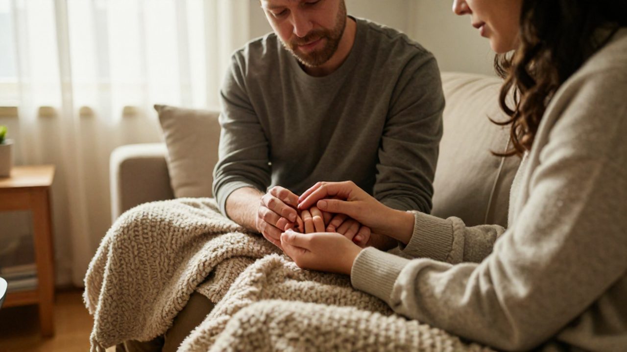 Padres sosteniendo con ternura la mano de su hijo mientras descansan en un sofá iluminado.