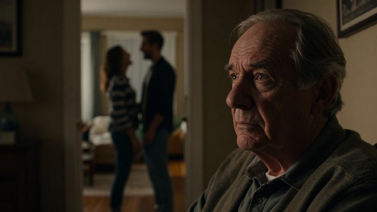 Padre anciano con expresión de preocupación observando desde la penumbra a una pareja que ríe al fondo.