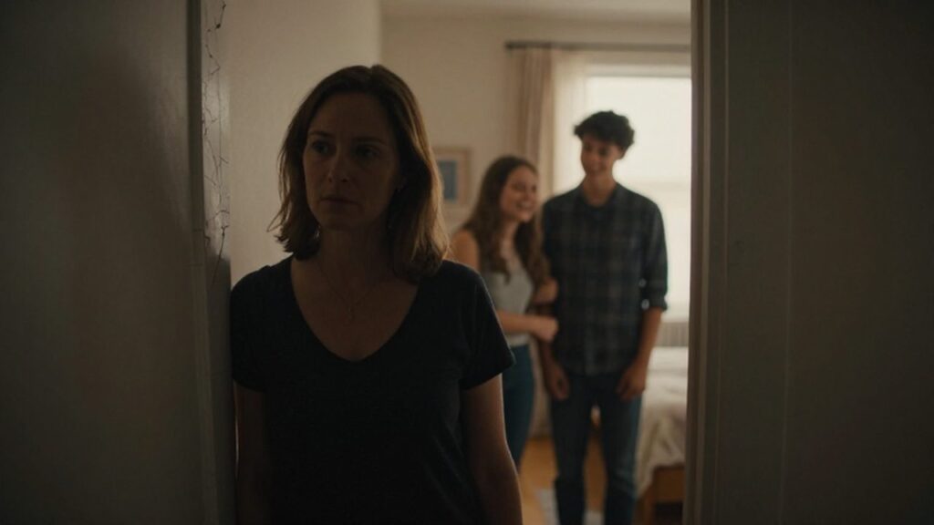 Madre observando con melancolía a su hija y al novio desde un pasillo oscuro.