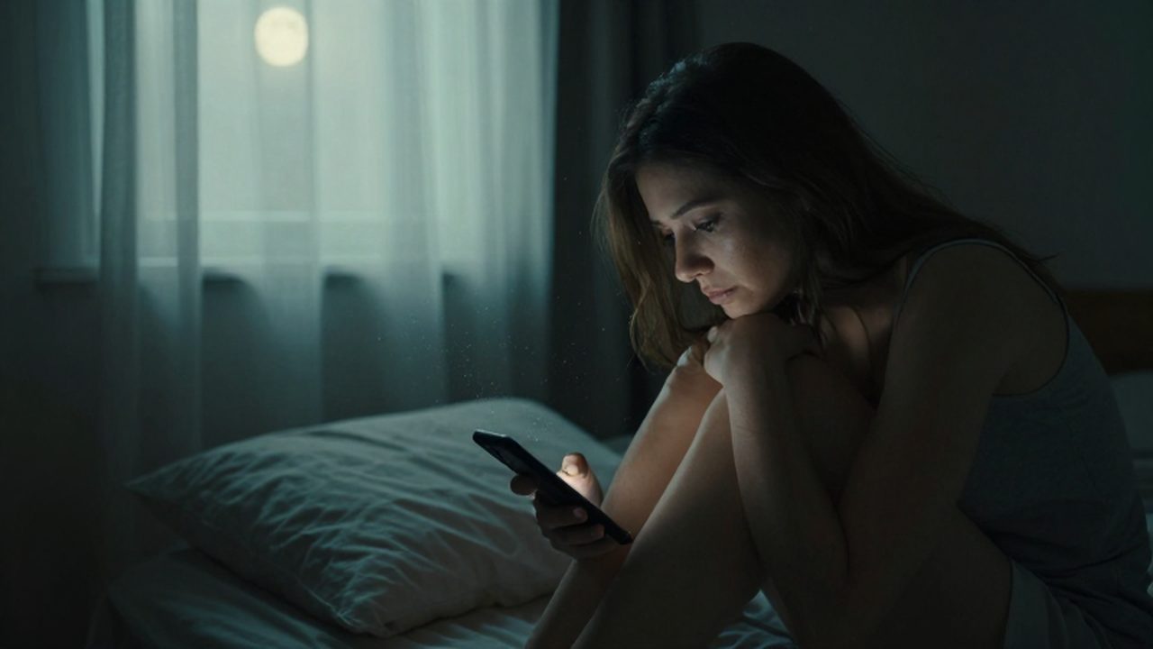 Mujer solitaria sentada en la cama mirando su móvil en una habitación en penumbra.