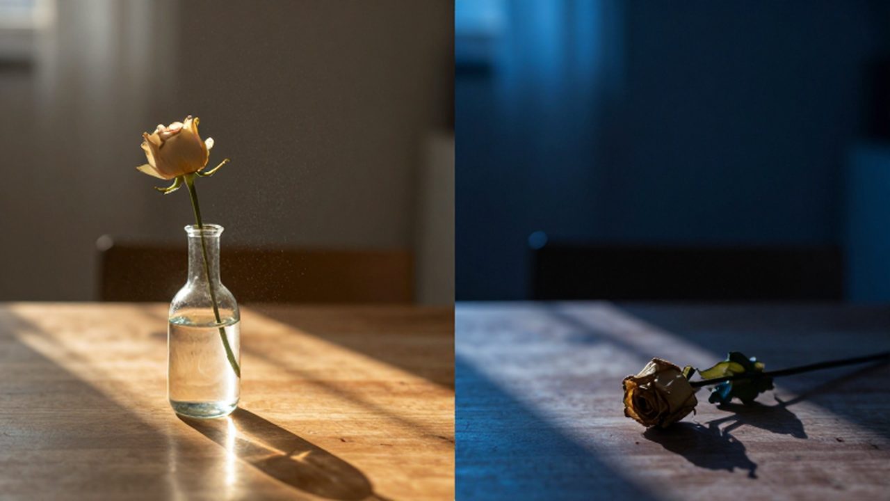 Persona sentada ante una mesa dividida entre la luz cálida de una flor viva y la sombra de una rosa marchita.