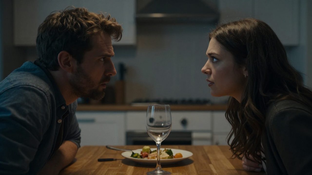 Un hombre y una mujer mantienen una discusión tensa sentados frente a una mesa de cocina.