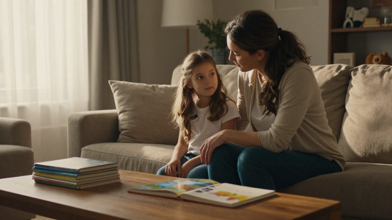 Madre e hija compartiendo un momento de lectura en un acogedor salón iluminado por el sol.