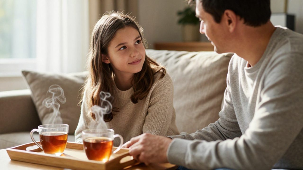 Padre e hija adolescente conversan con ternura sentados en un sofá junto a tazas de té.
