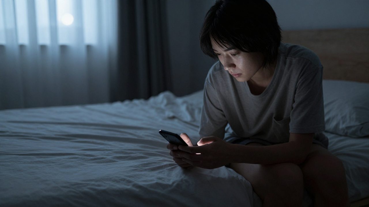 Persona sentada sola en una cama deshecha mirando fijamente la pantalla de su móvil.