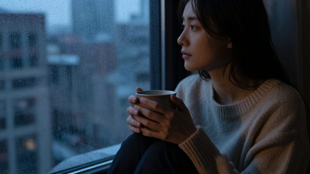 Mujer sentada en el borde de una cama sosteniendo una taza mientras observa la ciudad lluviosa.