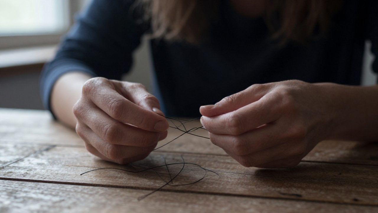 Manos temblorosas intentando desenredar un nudo complejo de hilos negros sobre una mesa de madera.