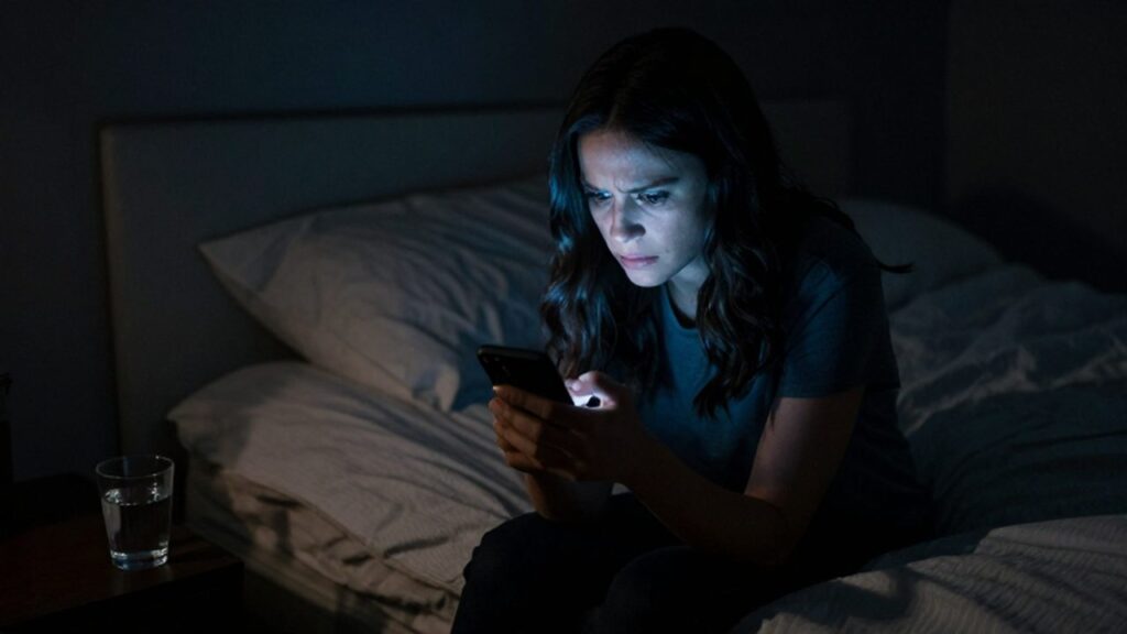 Mujer sentada en una cama oscura con expresión de ansiedad frente a la luz de su teléfono.