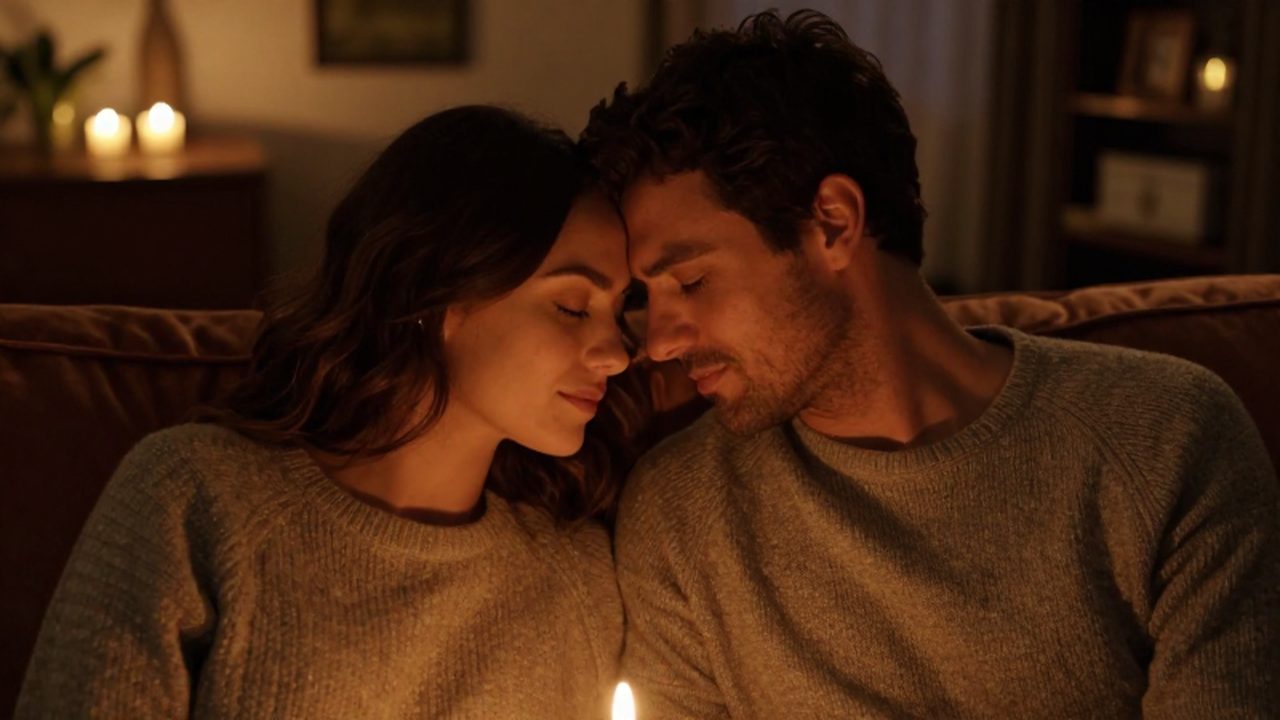 Pareja con los ojos cerrados apoyando las frentes en un momento de intimidad bajo luz tenue.