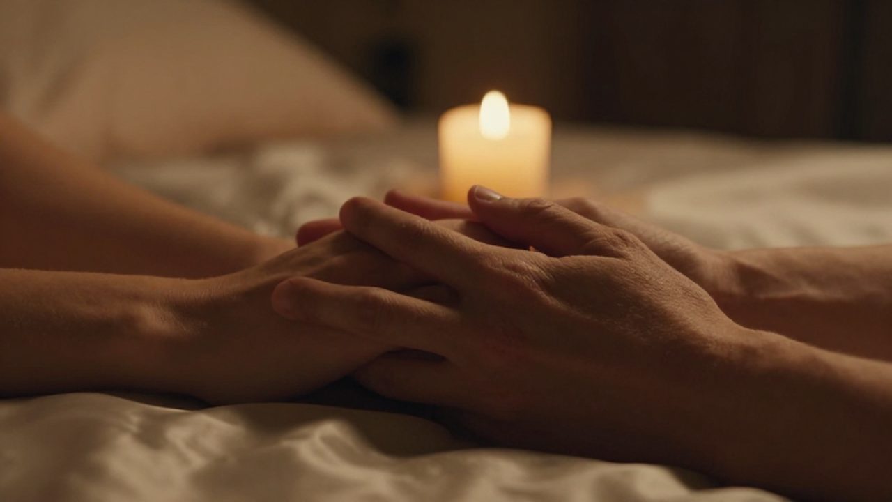 Manos entrelazadas de una pareja bajo una luz cálida y tenue en un dormitorio.