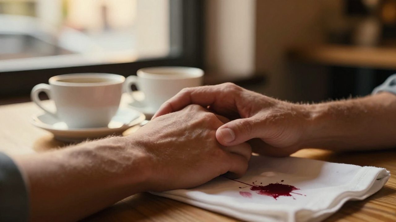 Dos manos entrelazadas sobre una mesa de madera junto a tazas de café bajo la luz dorada.
