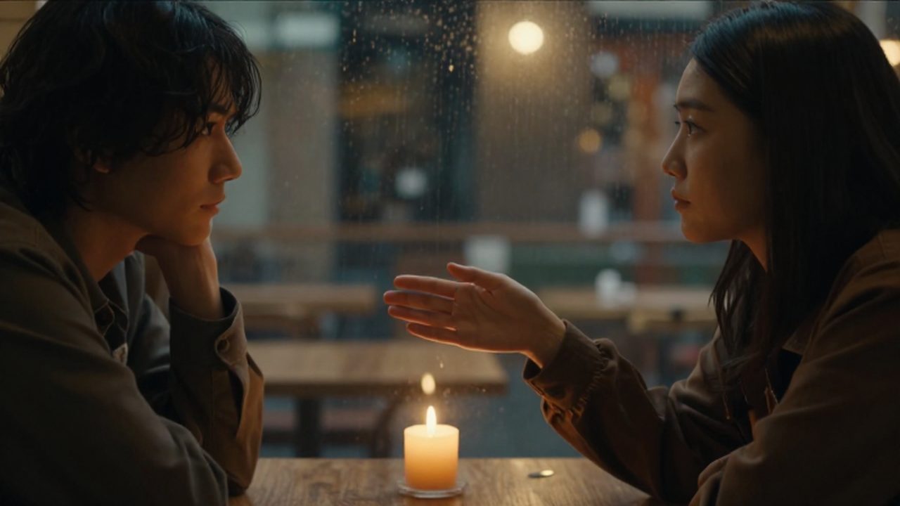 Pareja sentada en una cafetería con luz de vela y lluvia tras el cristal.