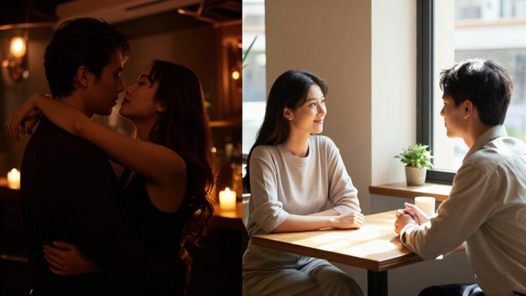 Pareja abrazada en un club de jazz íntimo junto a otra pareja desayunando en una cafetería luminosa.