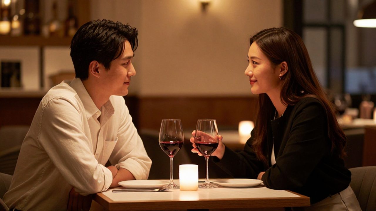 Pareja joven brindando con copas de vino durante una cena romántica en un restaurante acogedor.