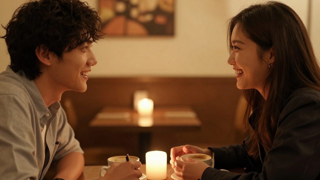 Pareja joven riendo con complicidad mientras comparten café en una cena romántica a la luz de las velas.