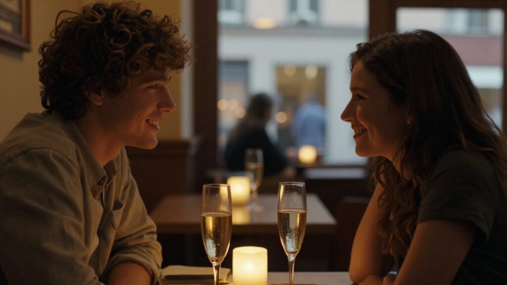 Pareja joven sonriendo y compartiendo una cena íntima a la luz de las velas.