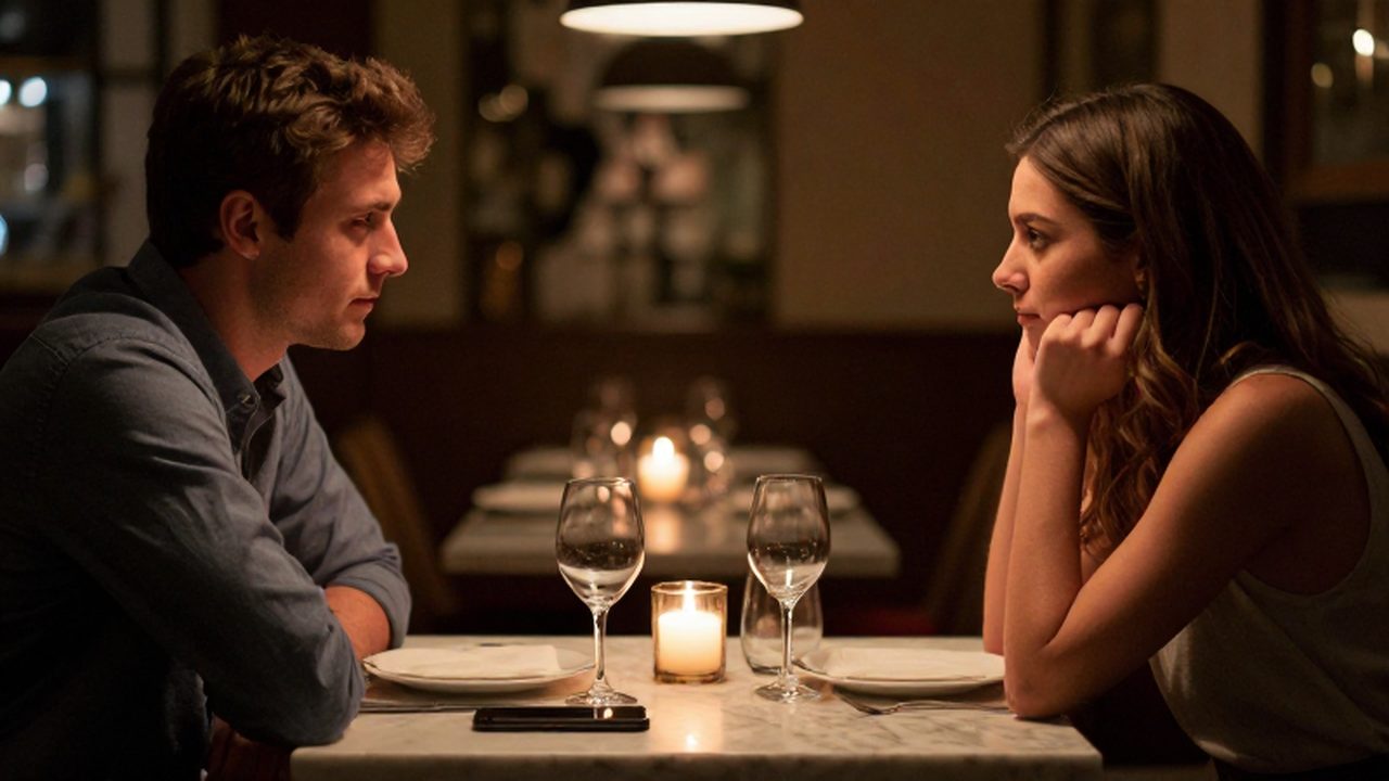 Pareja joven sentada frente a frente en un restaurante con un teléfono entre ellos.