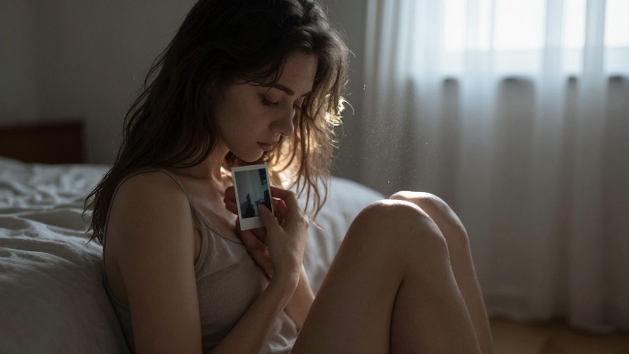 Mujer joven y melancólica sentada en una cama deshecha mientras abraza una fotografía polaroid.