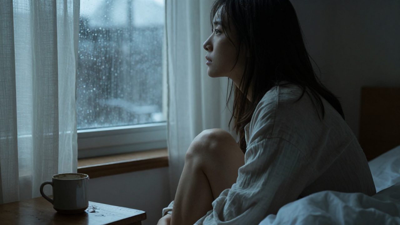 Mujer sentada en el borde de una cama mirando pensativa por una ventana con lluvia.