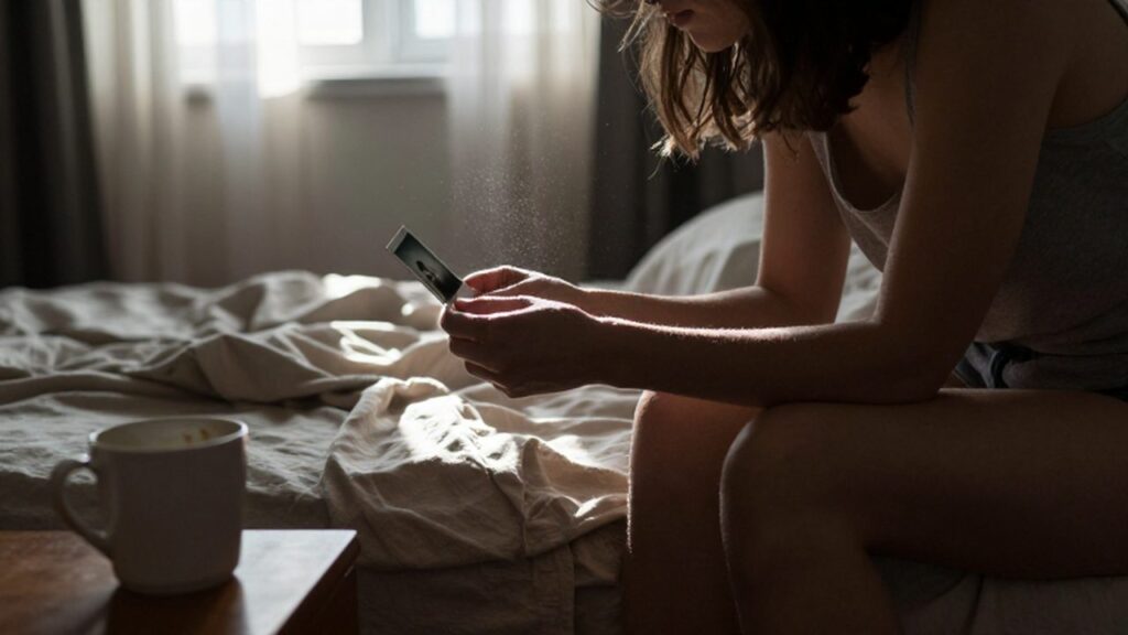 Mujer sentada en una cama deshecha mirando una fotografía instantánea en una habitación iluminada por el sol.