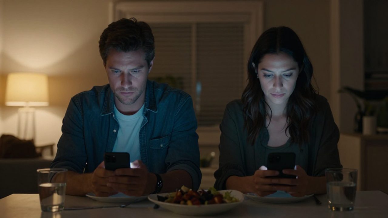 Pareja sentada a la mesa de cena absorta en sus teléfonos bajo una luz fría.