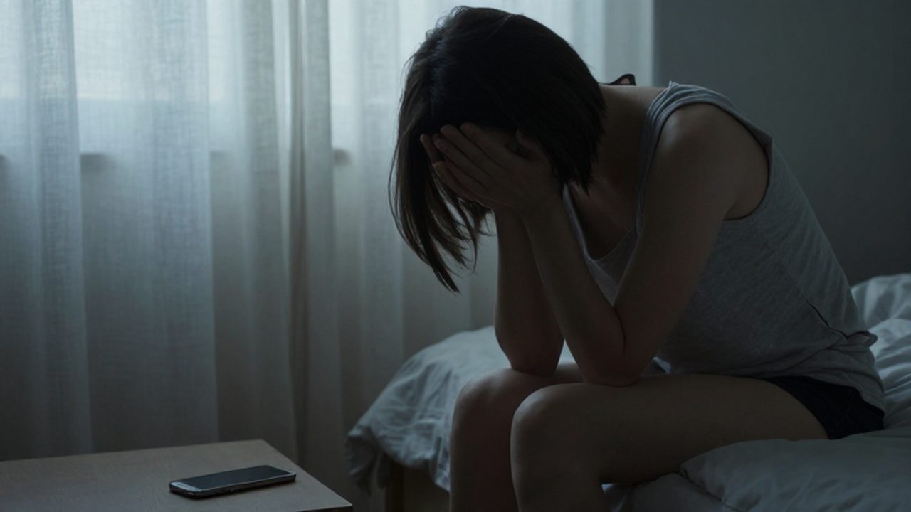 Mujer con la cabeza baja y manos entrelazadas sentada en el borde de una cama deshecha.