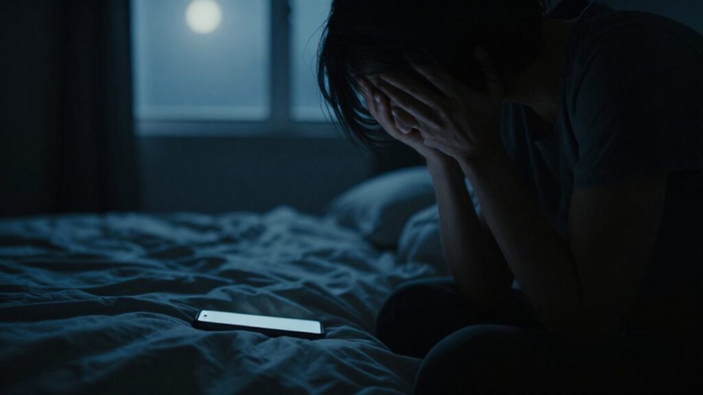 Persona sentada con expresión de angustia en una habitación oscura junto a un smartphone iluminado.