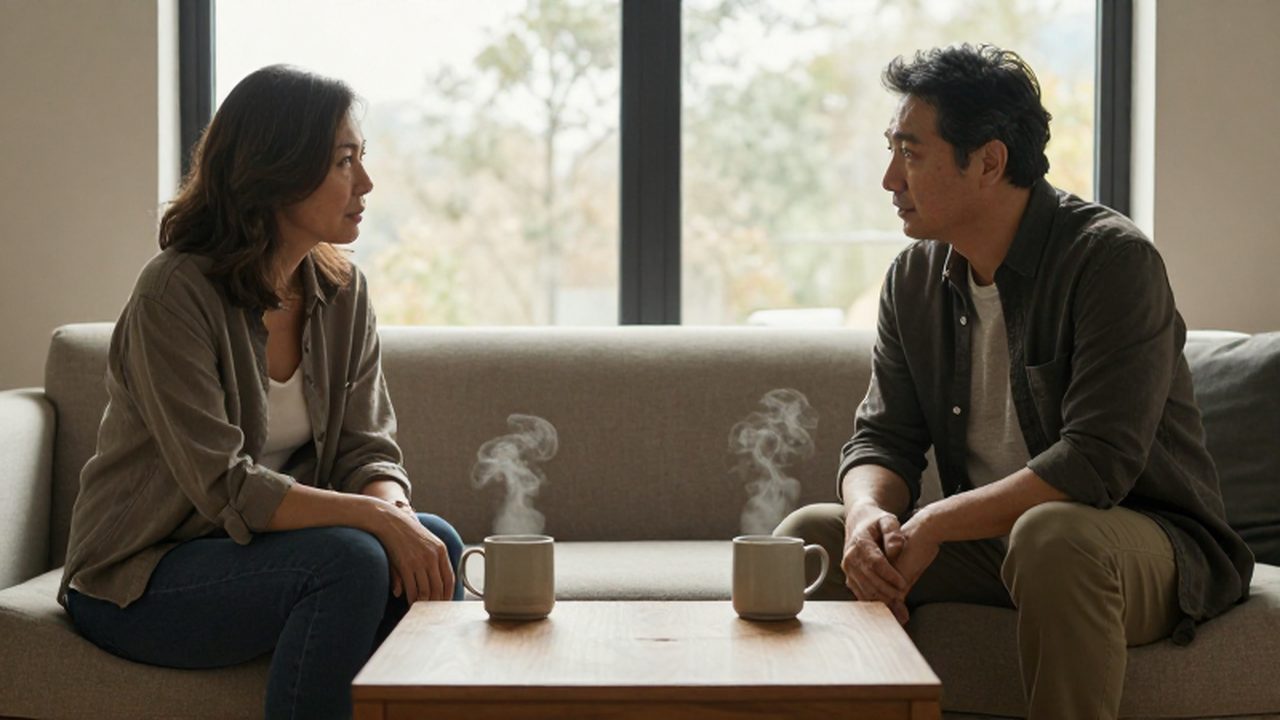 Pareja de mediana edad sentada en un sofá minimalista manteniéndose contacto visual con tazas de café.