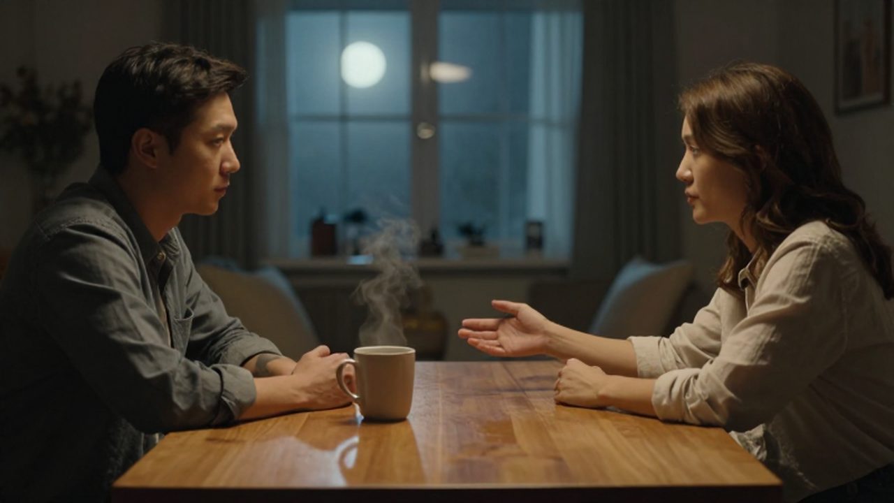 Una pareja sentada en silencio frente a una mesa de madera con una mano extendida.