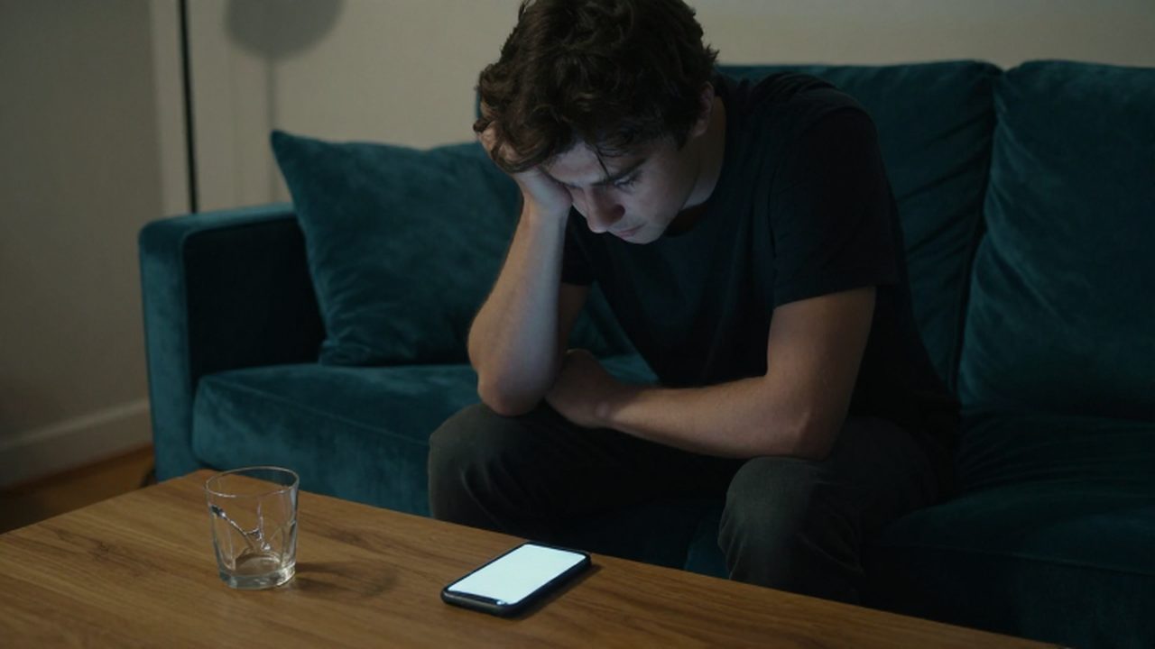 Persona cabizbaja contemplando la pantalla de un móvil junto a un vaso roto en un salón oscuro.
