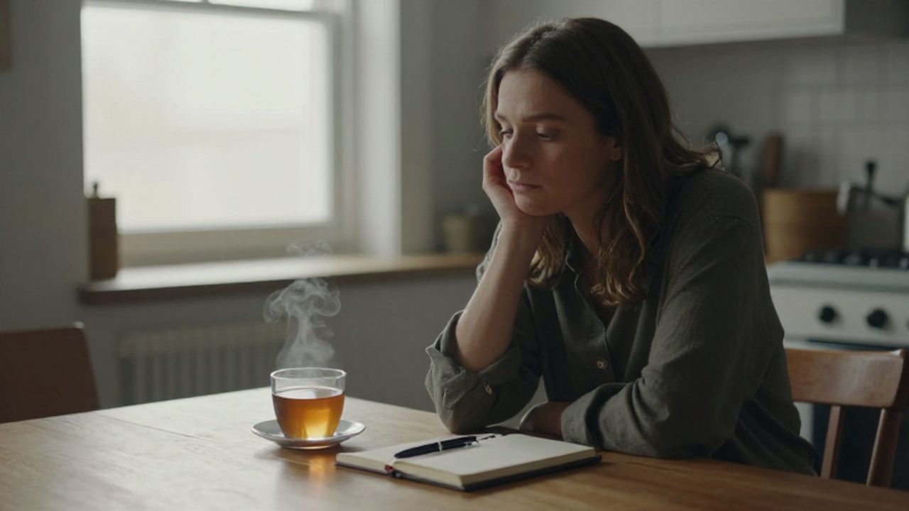 Mujer pensativa sentada a la mesa con una taza de té y un diario.