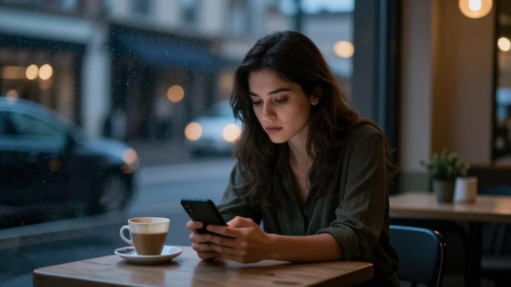 Mujer con expresión melancólica mirando su teléfono sentada frente a un café en una cafetería nocturna.