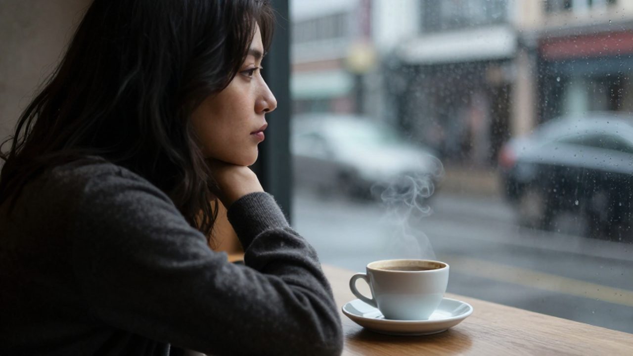 Mujer pensativa sentada frente a un café junto a una ventana empañada por la lluvia.