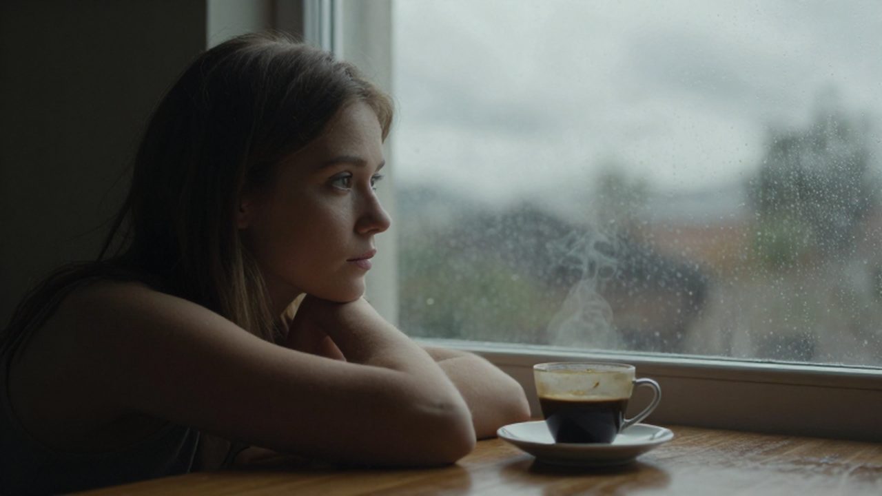 Mujer pensativa sentada frente a una ventana empañada por la lluvia con una taza de café.