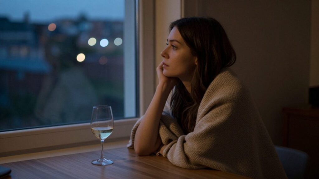 Mujer pensativa sentada junto a una ventana con una copa de vino en un apartamento al anochecer.