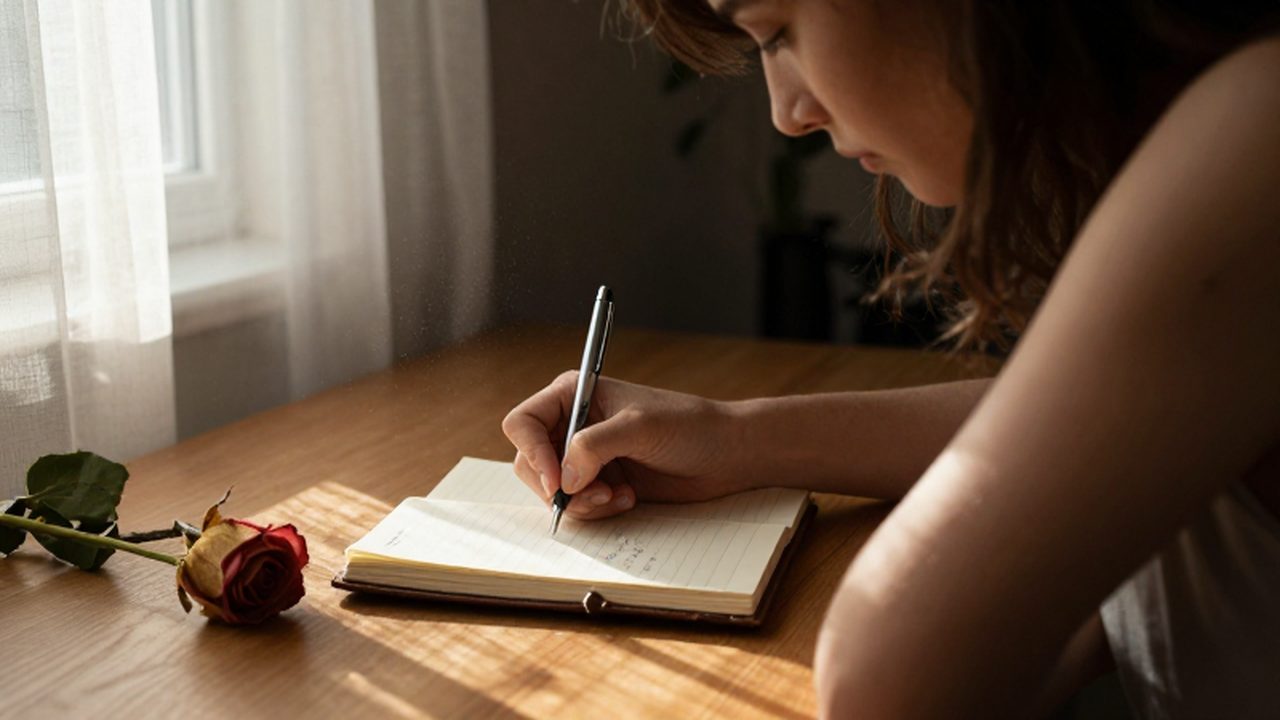 Mujer sentada junto a una ventana escribiendo una carta con una rosa seca sobre el escritorio.