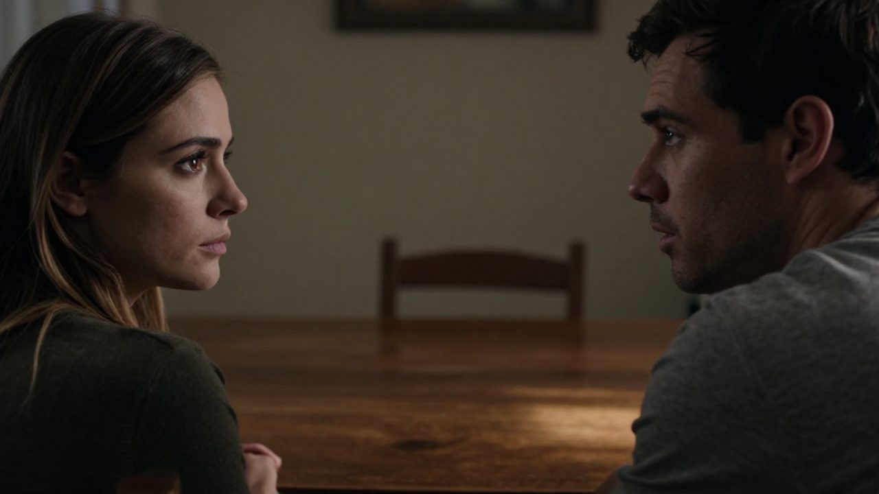 Una mujer con mirada firme y un hombre tenso mantienen una conversación seria frente a frente.
